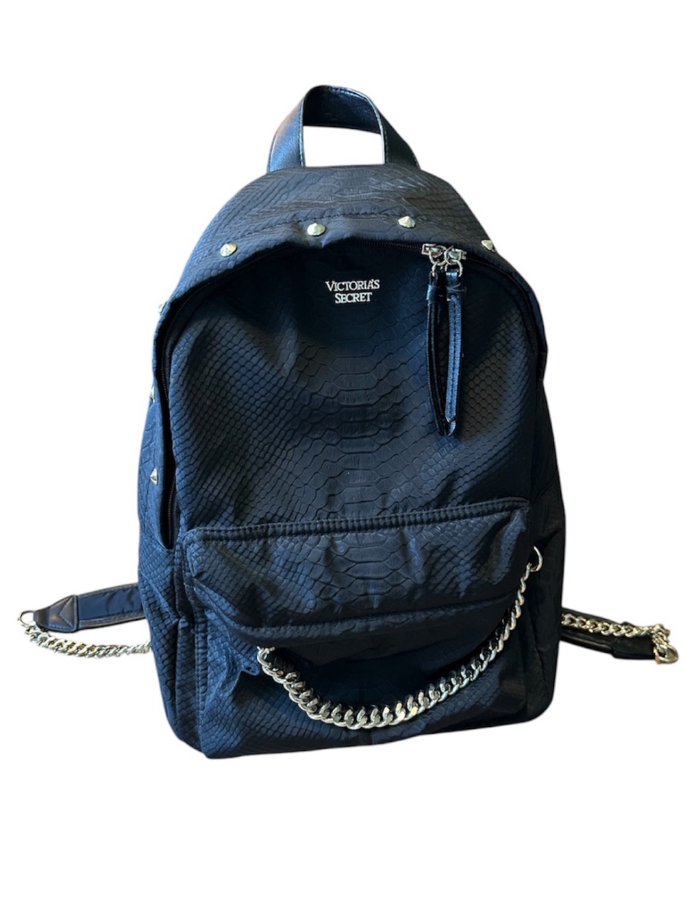 Victoria's Secret Black Quilted Backpack with Gold Studs and Chain Straps Detail